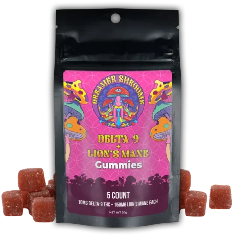 Delta 9 THC and Lion's Mane gummies, 10mg D9 plus 15mg Lion's Mane per gummy